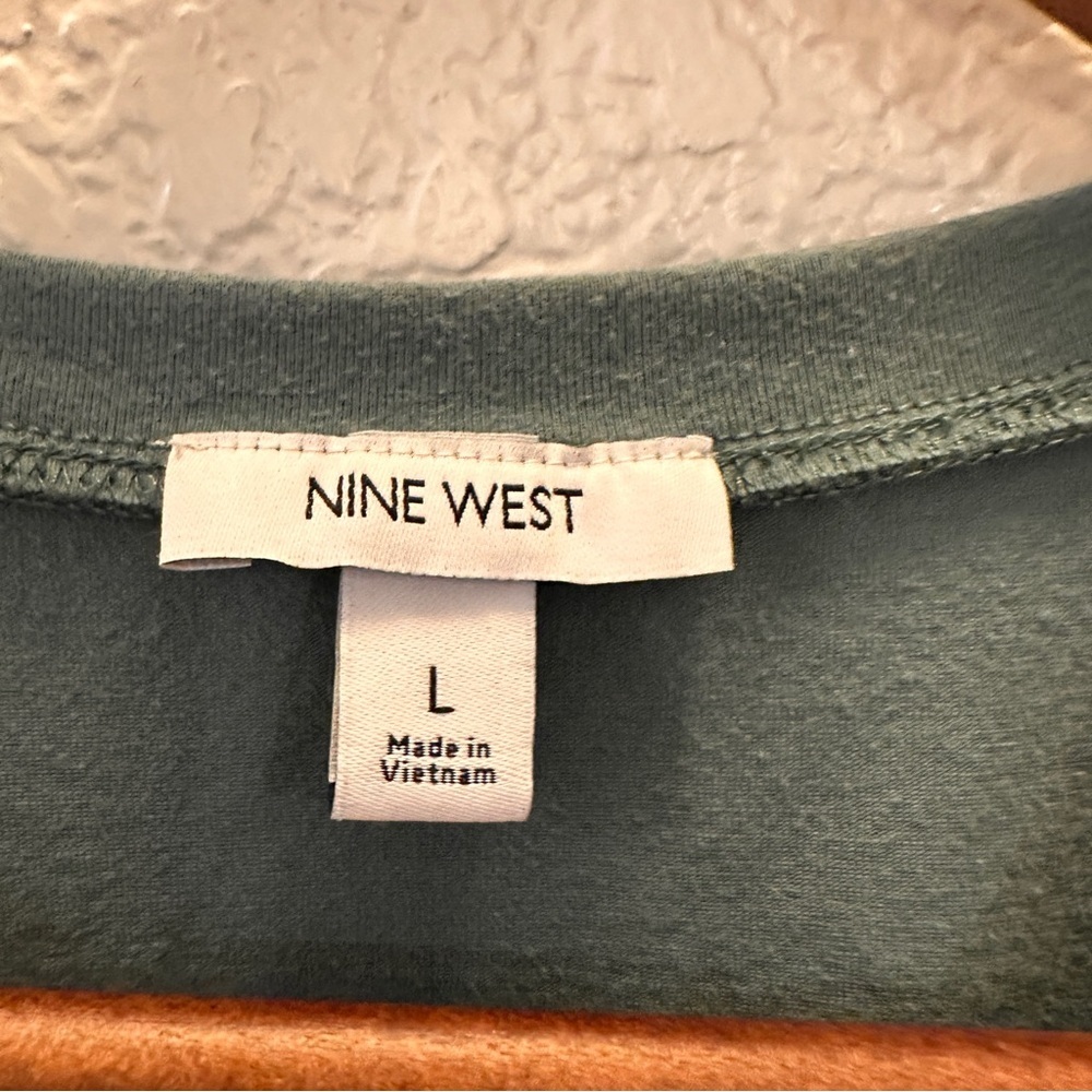 Nine West Blue Teal Ruched Midi Dress Large Short Sleeve Stretchy Casual Chic - Picture 2 of 8